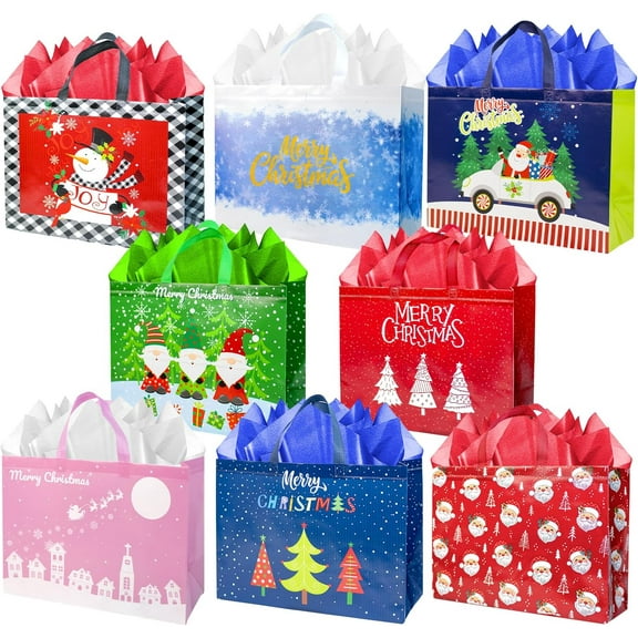 8 count Christmas  Tote Bags with Tissue Papers, Non-Woven   Bags with Handles for Wrapping Xmas Party Favors, 15.7" x 11.8" x 6.7".