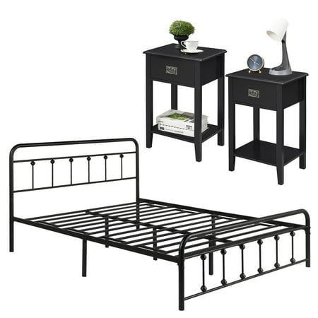 VECELO 3-Piece Bedroom Sets Metal Bed Frame and 2 Nightstand