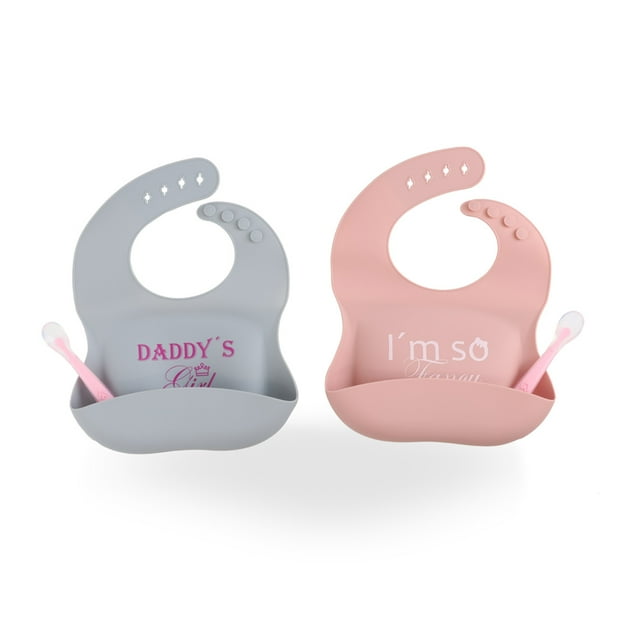 Baberos para Bebe de Silicona Impermeables con Bolsillo Contenedor de Alimentos Set de 2 Piezas Rosa