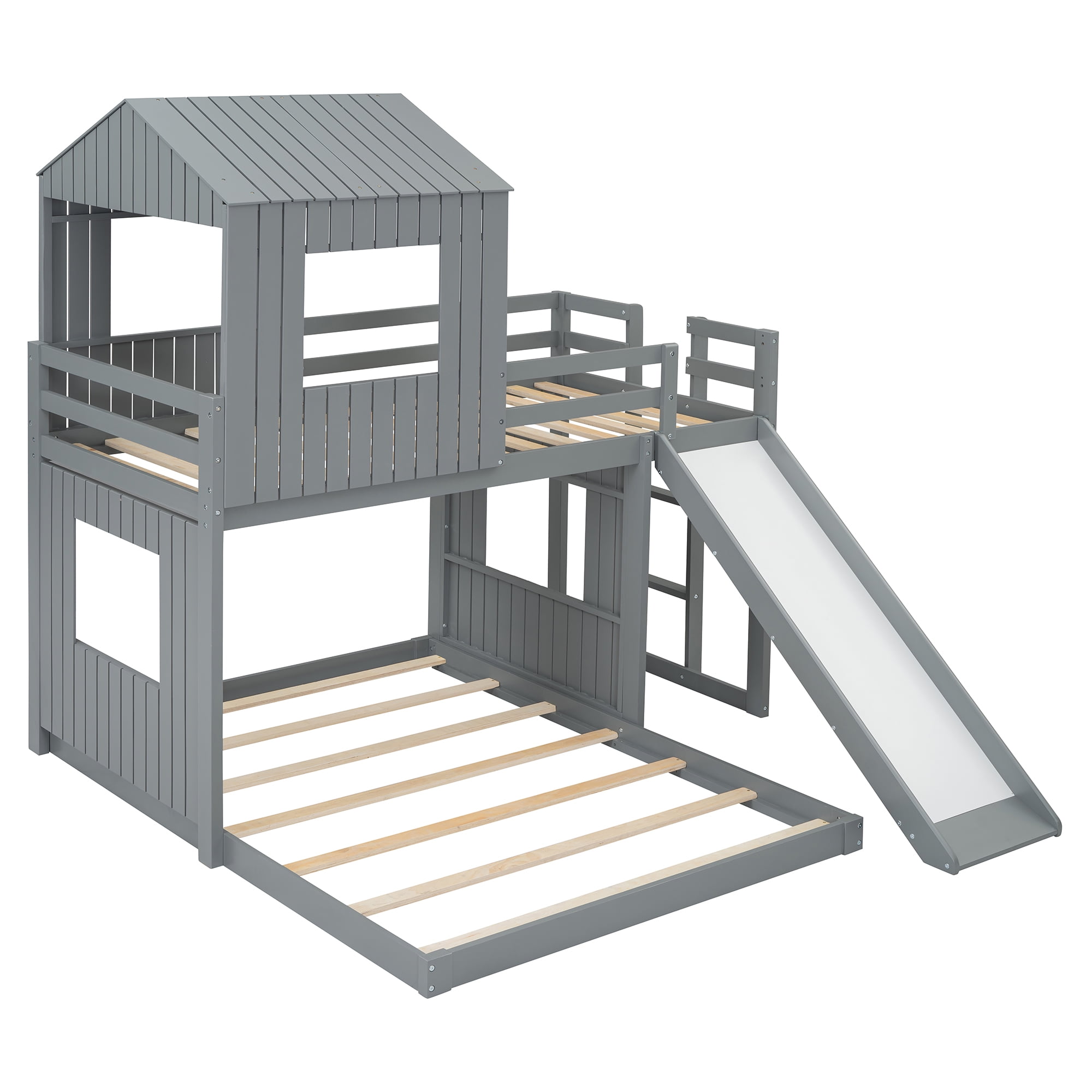 Homy Casa Twin Over Full Bunk Bed, 89" Wood House Bed with Slide, Guardrails & Slats for Kids Bedroom, Gray