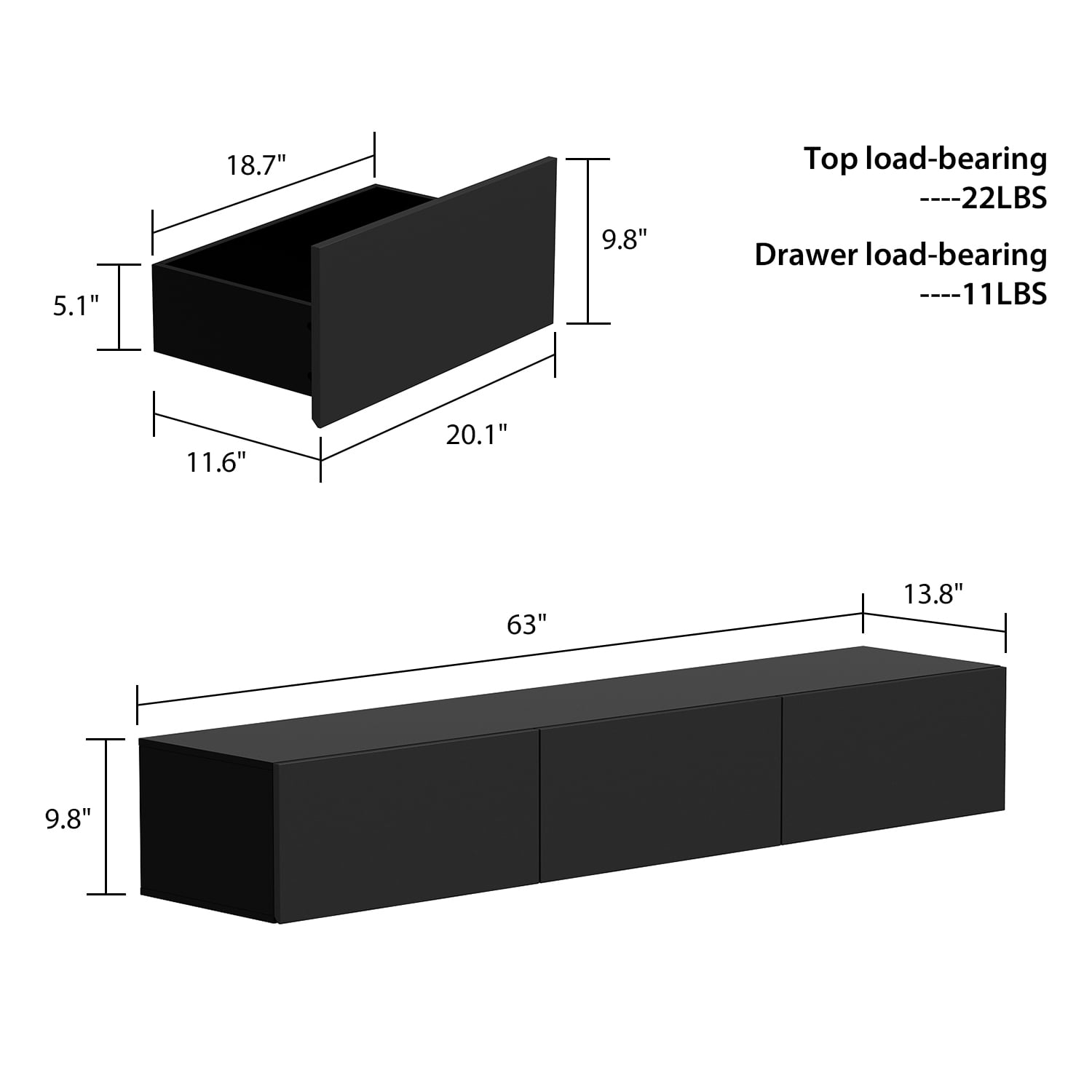 OXYLIFE Floating LED TV Stand Wall Mounted Entertainment Center with Drawers and LED Light, Black