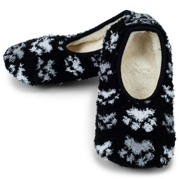 Super Soft Black and White Pawprint Medium (7.5-9) Slip Resistant Women's Slippers