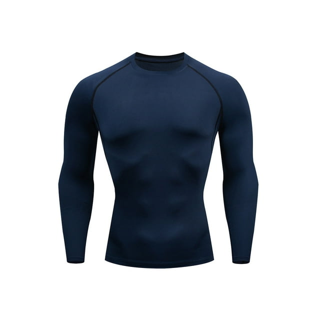 LUXUR Chemises de Compression pour Hommes Couleur Unie Hauts d'Été Manches Longues T-shirt de Sport T-shirt Décontracté Col Rond T-shirt Muscle Bleu TG