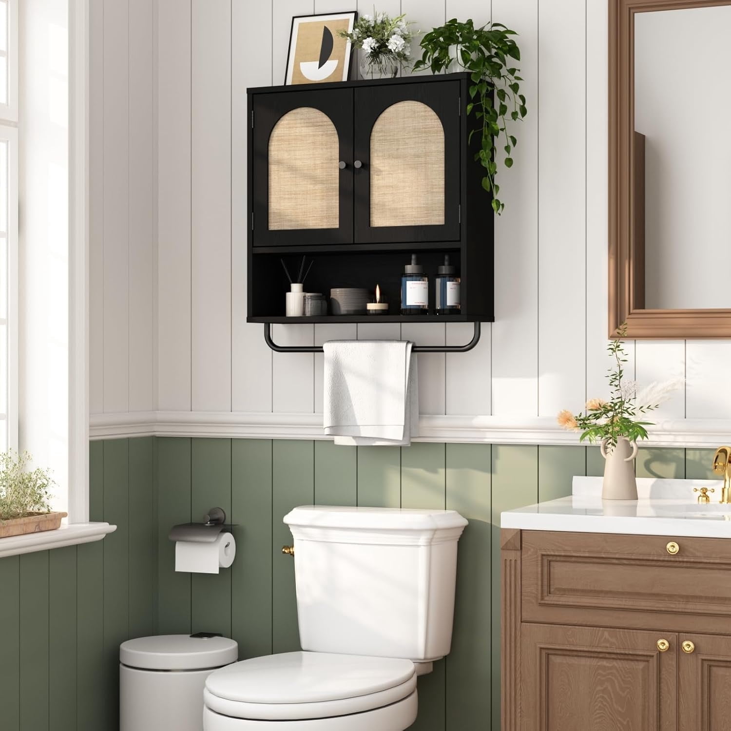 Rattan Bathroom Wall Cabinet,  Medicine Cabinet with 2 Arched Doors, Farmhouse Over The Toilet Storage Cabinets with Adjustable Shelves & Towel Bar, 3-Tier Wall Mounted Cabinets