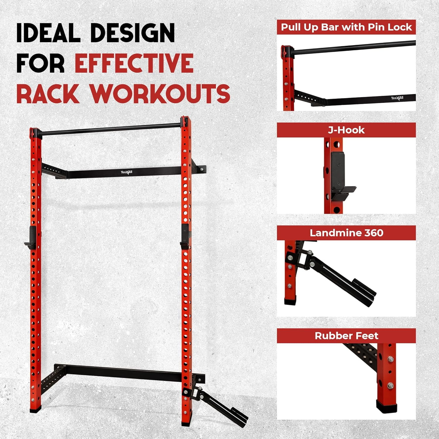 Yes4All 1000lbs Capacity Folding Power Cage, Space-Saving Wall Mounted Squat Rack with Adjustable Pull-Up Bar, 360° Landmine & Steel J-Hooks for Home Gym Strength Training.