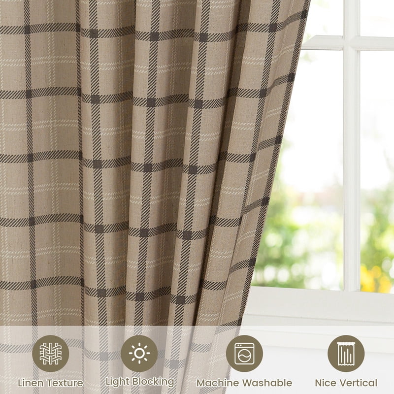 NICETOWN Linen Plaid Curtains for Living Room, Check Light Filtering Privacy Semi Sheer Linen Curtains Rod Pocket Back Tab Farmhouse Country Style Drapes, Light Greige, 52"x84", 2 Panels