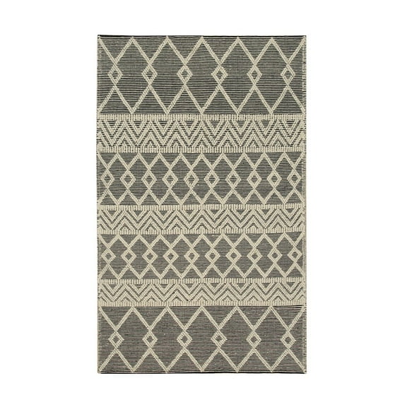 EORC Black Handwoven Wool Contemporary Durrie Kilim Rug, 5' x 8'-Color:Black,Material:Wool