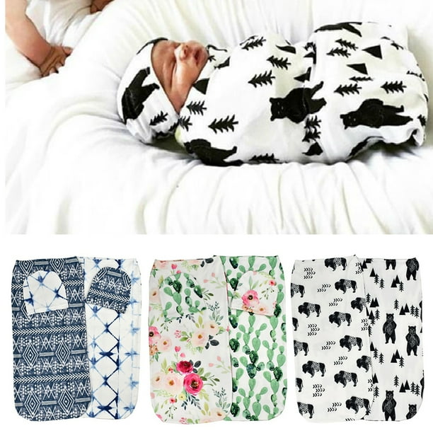 DGROEE 2Pcs/Set Newborn Receiving Blanket and Hat Head Wrap Set Flower