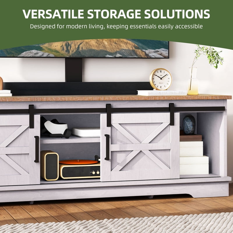 Uforic Farmhouse TV Stand with Mount for 32-70" TVs, Media Console with Barn Doors, White