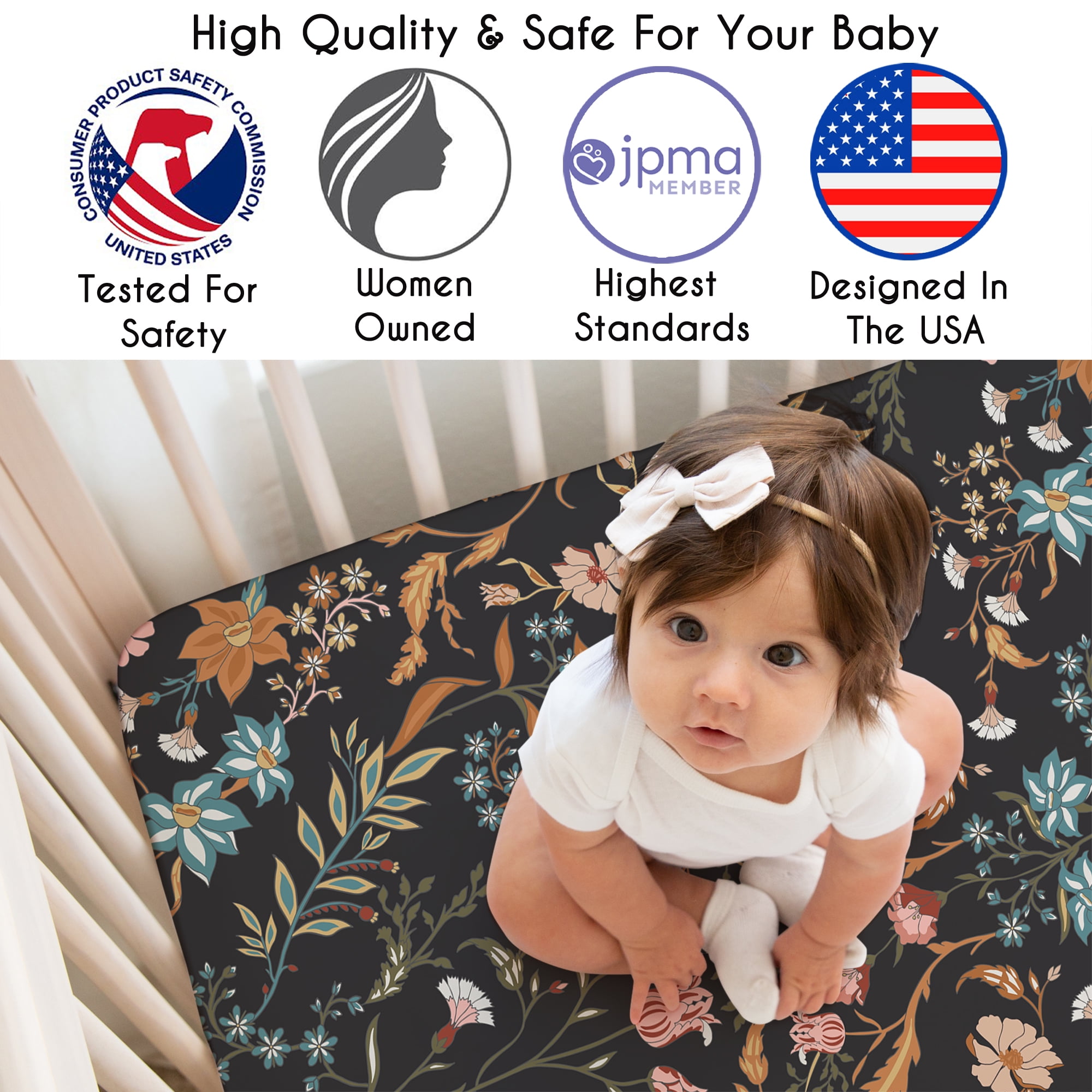 Sweet Jojo Designs Boho Floral Wildflower Black and Orange Girl Fitted Crib Sheets Set 3 Piece