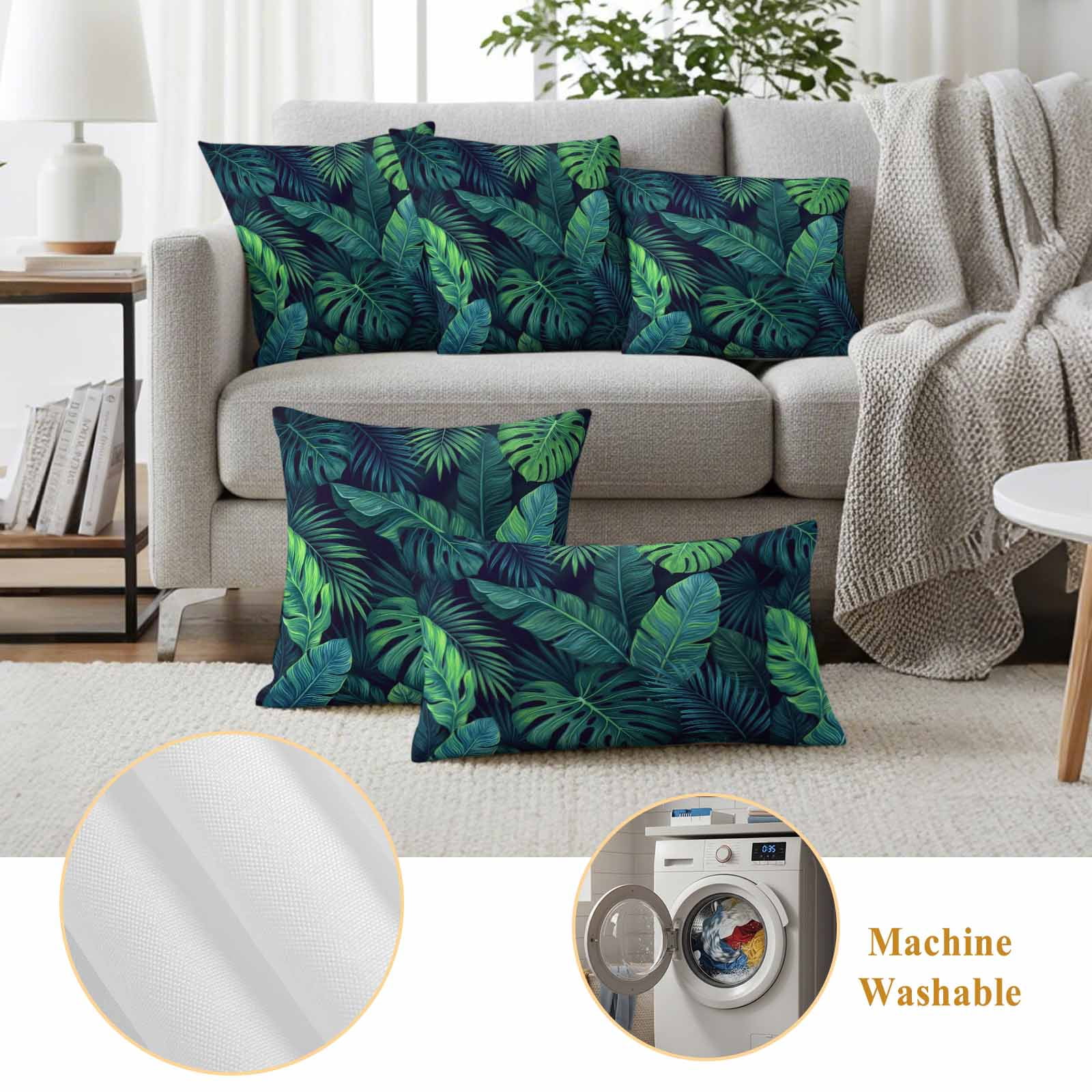 Tropical Plants Outdoor Waterproof Throw Pillow Covers 18x18 Set of 2, Summer Watercolor Teal Green Palm Leaves Decorative Pillowcases Cushion Pillowcase for Couch Sofa Patio Outside Pillow Protector