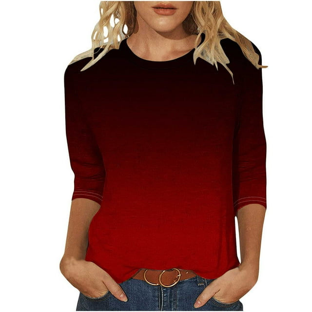 VSSSJ Hauts à Manches 3/4 pour Femmes Décontracté Tendance Dégradé Manches Raglan Col Rond Coupe Décontractée Tunique Respirante Tee-Shirt Vin L