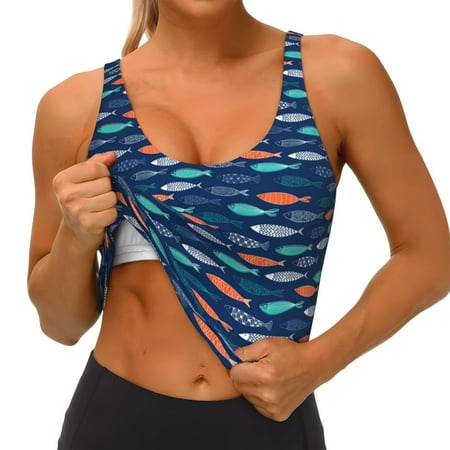 Qokaie Colorful Fish 3 Pattern Womens Scoop Neck Sports Bra Breathable Workout Vest Padded U Back Medium Impact Fitness Gym Yoga Bra Workout Crop Top