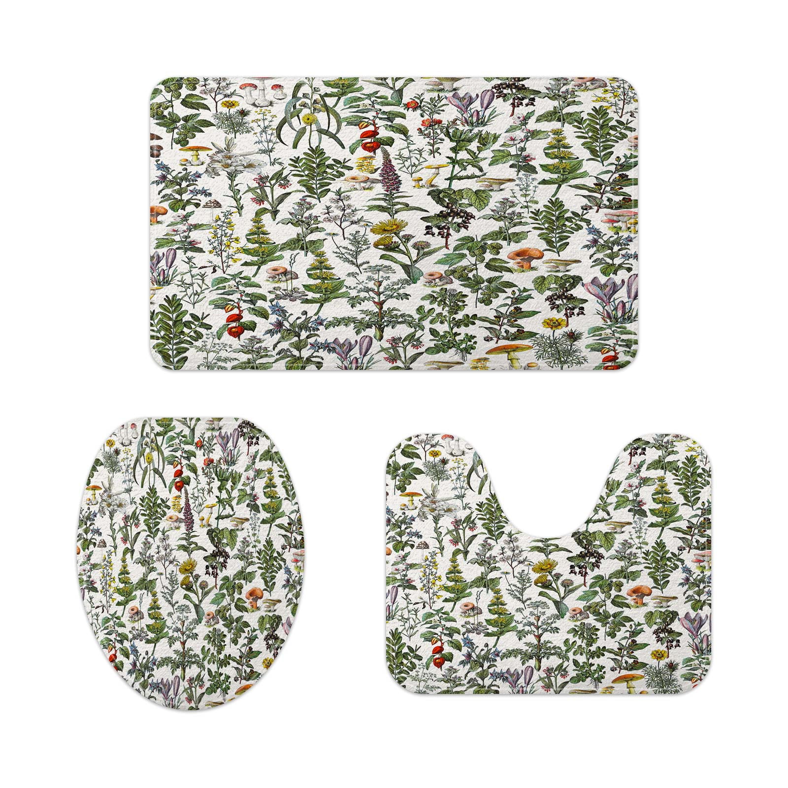 Vintage Botanical Bathroom Mat,Plants Herbs Mushroom Sage Green Leaf