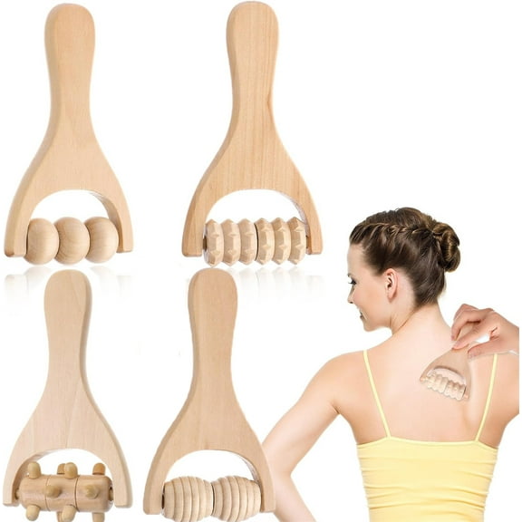 Wood Massager Tools,Tutuviw 4 Pack Wooden Back Massager,Ergonomic Wood Massager,Portable Roller Stick,for Neck Shoulder Leg Arm Foot Full Relief,Natural Material Comfortable Foot Massage Roller