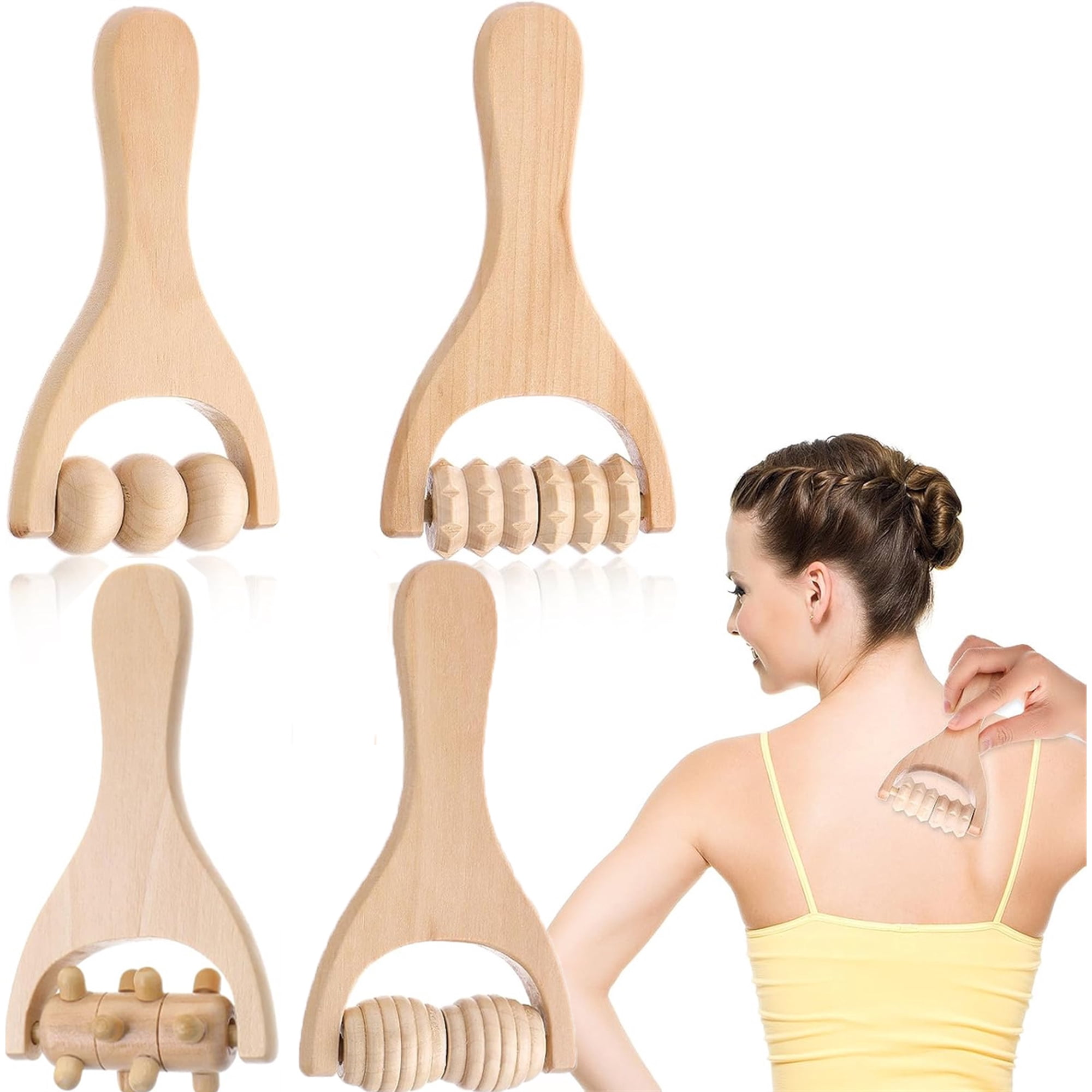 Wood Massager Tools,Tutuviw 4 Pack Wooden Back Massager,Ergonomic Wood Massager,Portable Roller Stick,for Neck Shoulder Leg Arm Foot Full Relief,Natural Material Comfortable Foot Massage Roller