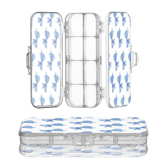 Plastic Pencil Box Large Capacity Pencil Boxes Clear Boxes with Snap-Tight Lid Stylish Office Supplies Storage Organizer Box Blue Bows Pattern