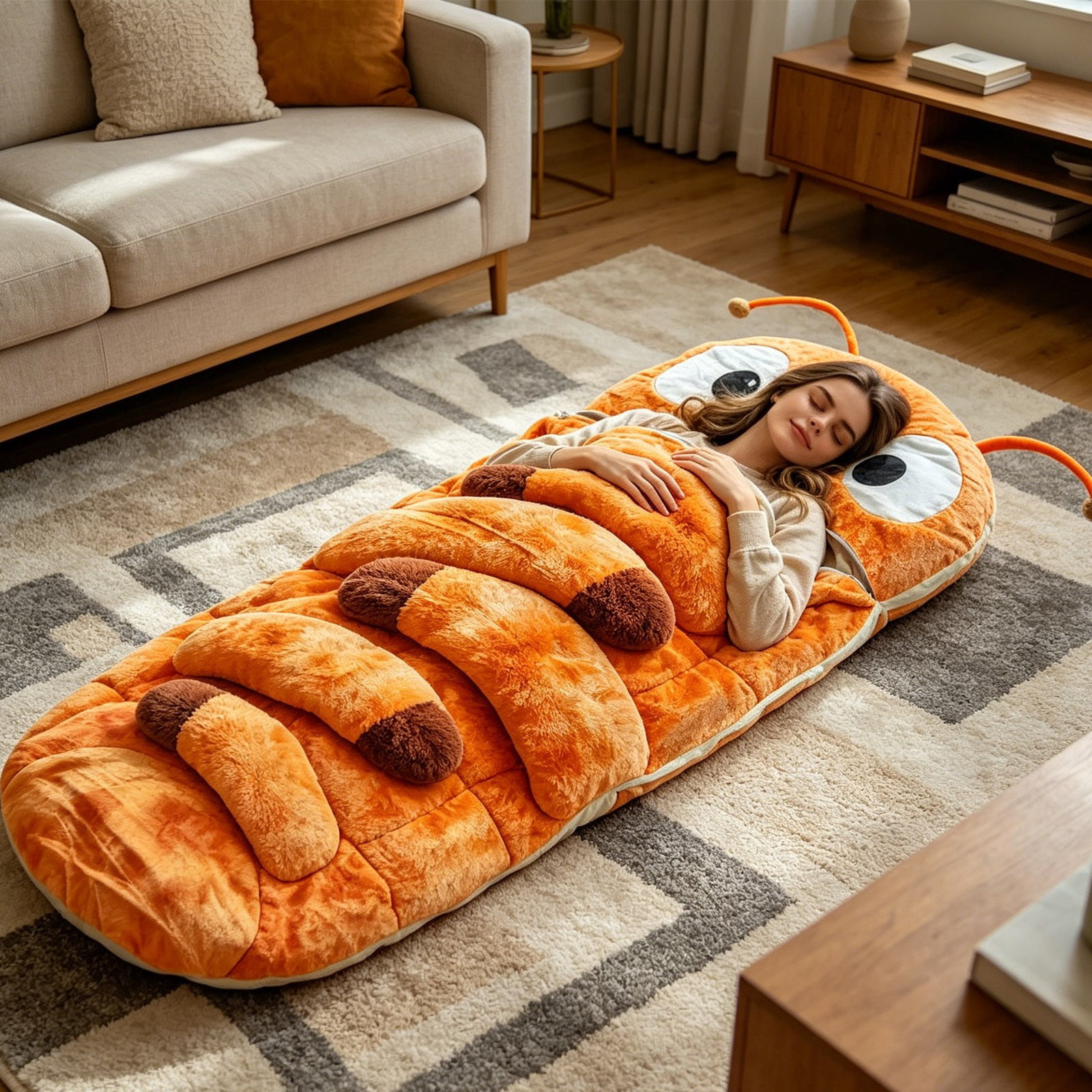Hugging Caterpillar Sleeping Bags, 75 Inch Plush Cocoon Sleeping Bag with Adjustable Pull Cord for Adults, Indoor Nap Pod, Cozy Reading Nest with Full-Body Hug Feel(Orange)