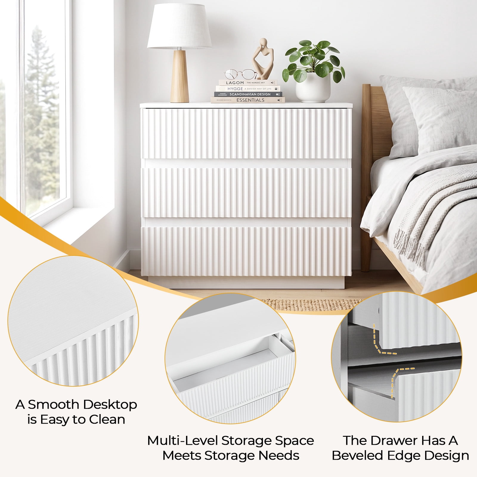 White 3-Drawer Nightstand, Handleless Grille Design, 23.62 x 12.99 x 22.05 in