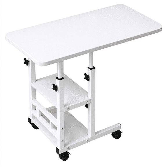 ShundaCat Mobile Laptop Desk with Adjustable Height and Lockable Casters, Rolling Bedside Table for Bedroom and Home Office, White