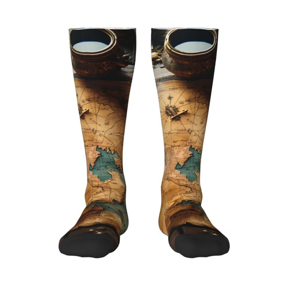 Gaeub Antique Map Adventure Scene Print Design Socks Stretchy High Tube Socks for Men Women Teens , Softball Soccer Socks for Hiking, Sport