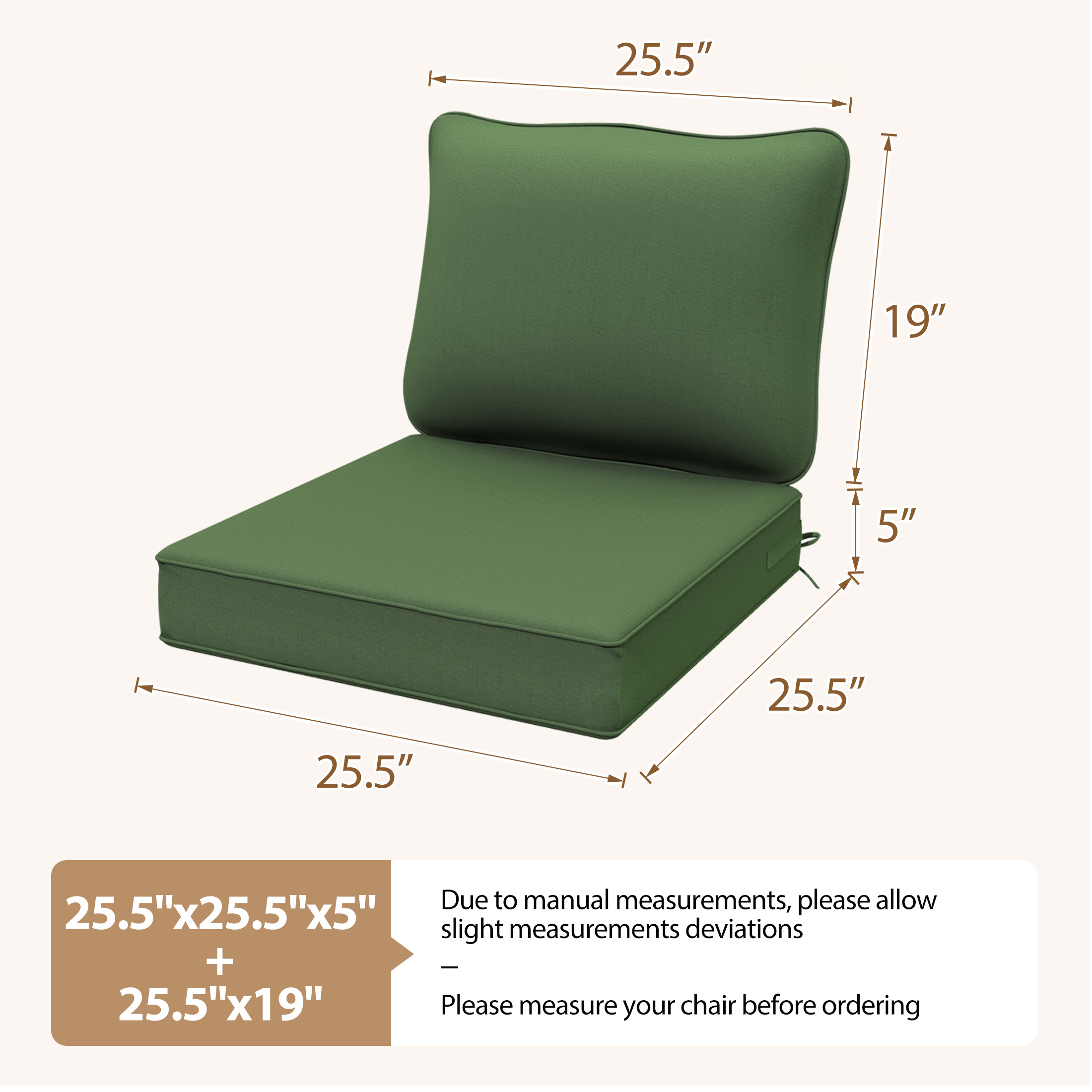 25.5x25.5 Waterproof Outdoor Deep Seat Cushion for Patio Furniture Cushion Replacement, Dark Moss Green