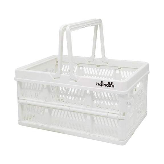 White Medium Foldable PP Plastic Storage Basket with Handles, Collapsible Crate Organizer for Home, Office, Car (Available in Black, Pink, Blue, White)