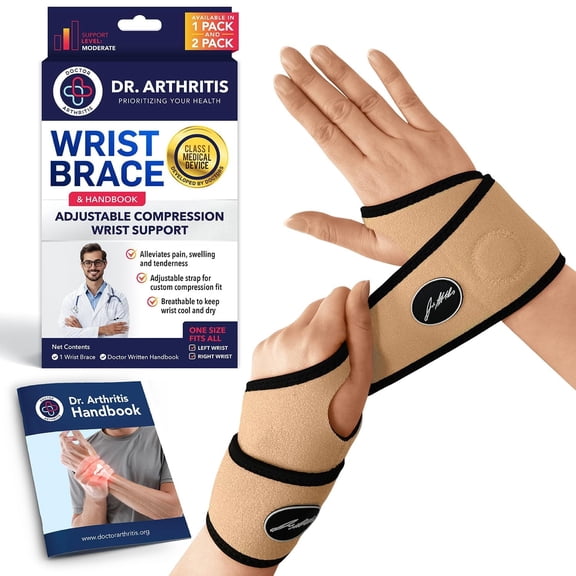 Doctor Developed Wrist Brace Support Wrap for Right or Left Hand – Adjustable Wrist Stabilizer for Daily Support, Exercise & Workouts – Includes Doctor-Written Handbook (Nude, 2 Pack)