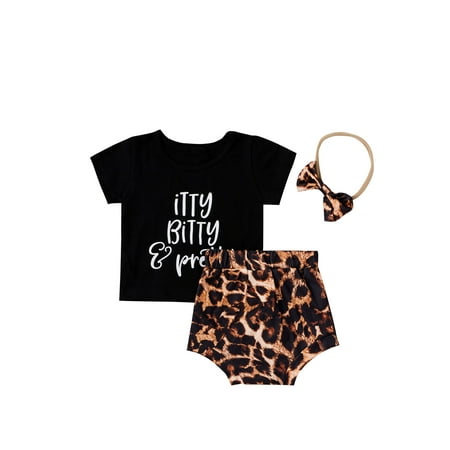 

Canrulo Newborn Baby Girls Clothes 3pcs Letter Short Sleeve T Shirts Leopard Shorts Headband Set Black 18-24 Months