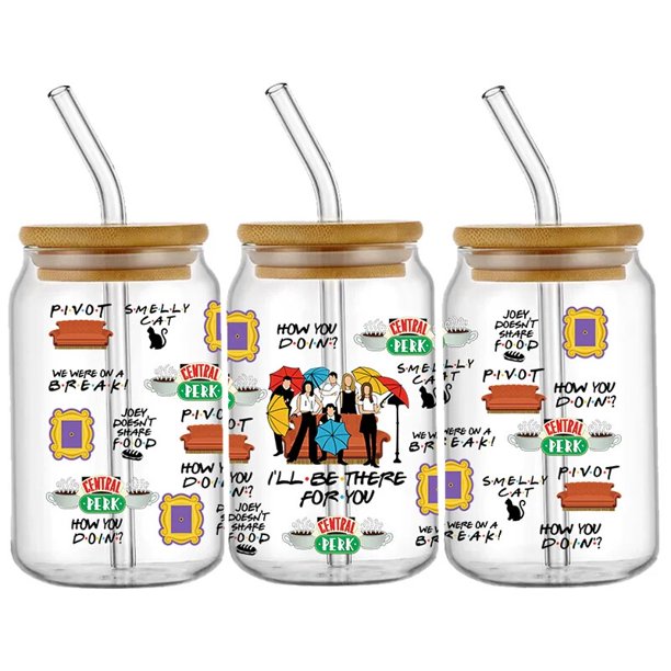 Pegatinas de transferencia de amigos, calcomanía impermeable UV DTF, envolturas para tazas, bricolaje, envoltura 3D, vidrio libre de 16oz