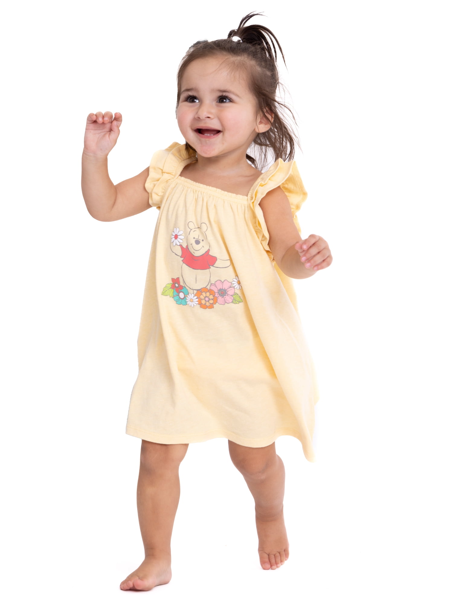 Winnie the Pooh Baby Girl Sundress, Romper and Diaper Cover Outfit Set with Headband, Sizes 0/3M-24M