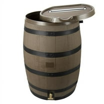 RTS Home Accents Polyethylene 55 Gallon Premium Flat Back Rain Barrel with Removable Lid, Woodgrain with Black Stripes Color
