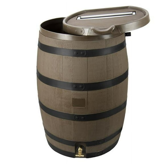 RTS Home Accents Polyethylene 55 Gallon Premium Flat Back Rain Barrel with Removable Lid, Woodgrain with Black Stripes Color