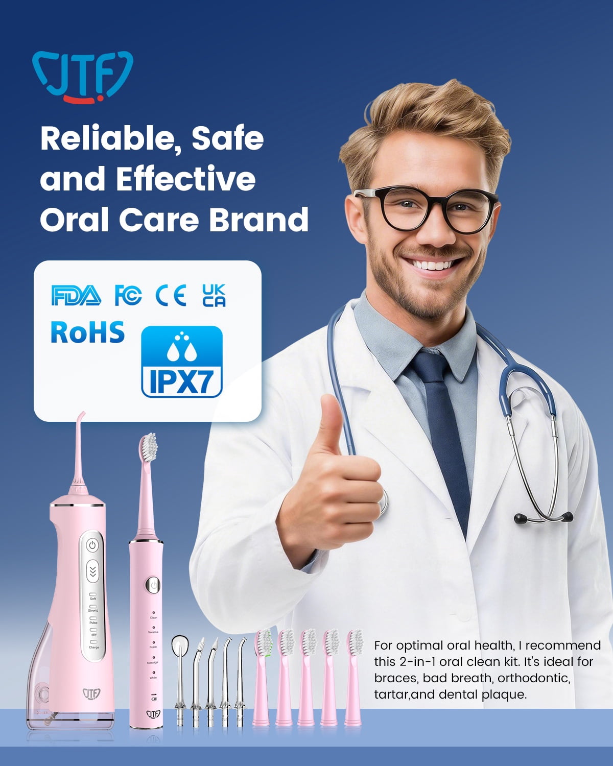 JTF 2-in-1 Oral Clean Kit- Electric Toothbrush & Water flosser Combo with Multiple Modes, 5 Brush Heads and 5 Jet Tips, Brushing & Flossing- Rechargeable for Teeth Cleaning and Gum Health, Pink