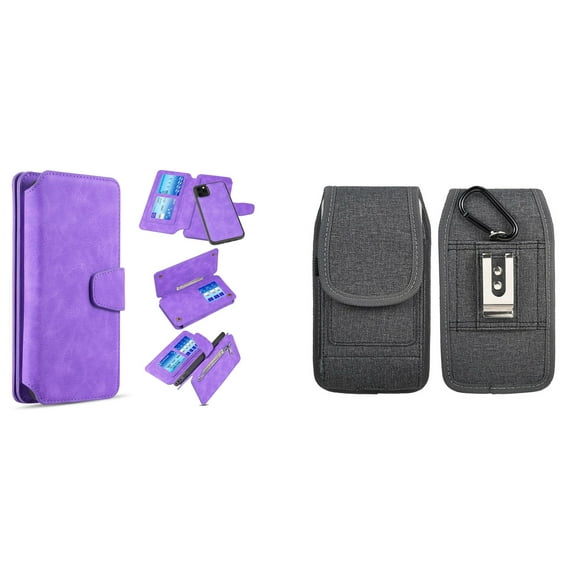 Clutch Wallet Detachable Case and Belt Holster Pouch for iPhone 14 Plus (Purple/Gray)