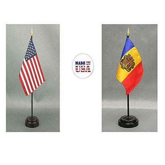 Made in The USA. 1 American and 1 Andorra Rayon 4"x6" Miniature Office Desk & Little Hand Waving Table Flag, Includes 2 Flag Stands & 2 Small 4"x6" Mini Stick Flags