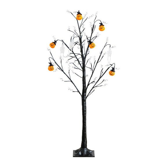 Nearly Natural 4ft. Pre-Lit Artificial Halloween Pumpkins and Skulls Ornament Tree