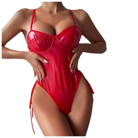 BYHONG Lingerie for Women 1 PC Leather Teddy Bodysuit Lingerie Sexy Cutout off Shoulder Conjoined PU Lace Up Garter Teddy Bodysuit Women s Underwear Red L