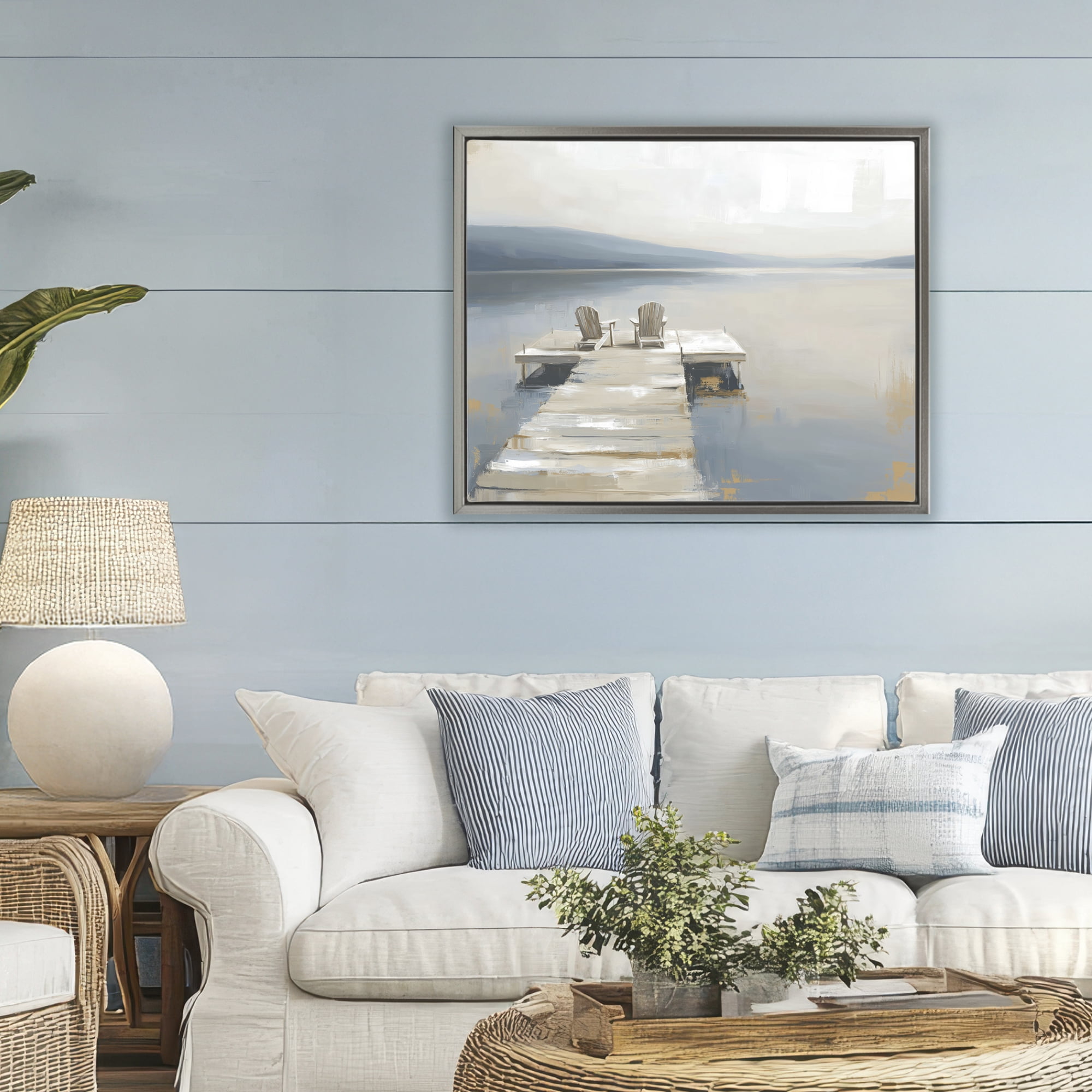 Stupell Industries Adirondack Chairs on Pier Gray Framed Floater Canvas Wall Art, design by Kim Curinga