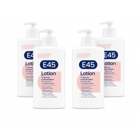 E45 Lotion 500ml, Dermatological Moisturizer for Dry Skin, Fragrance-Free Body Cream 4 Pack