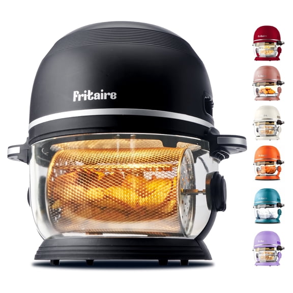 Fritaire Self-Cleaning Glass Bowl Air Fryer, 5 Qt, 6 Functions, BPA Free, Rotisserie/Tumbler, Black