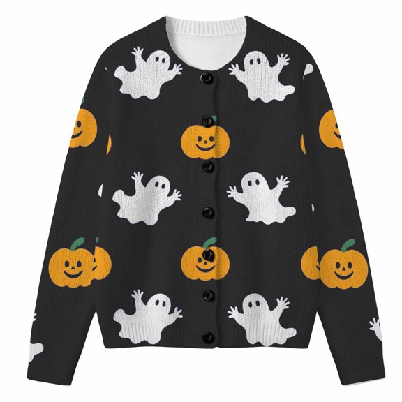 Tiijoy Girls Halloween Sweater Ghost Pumpkin Long Sleeve Knit Cardigan, Black, Sizes 5-14