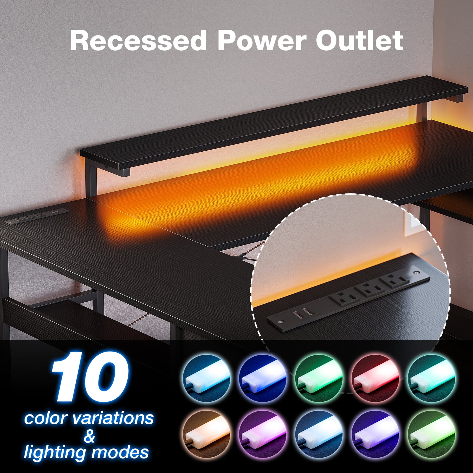 61" L-Shaped Gaming Desk with LED Lights, Power Outlets, Adjustable Monitor Stand, Drawers & Corner Storage, Computer Desk for Office, Study, Gaming – Black