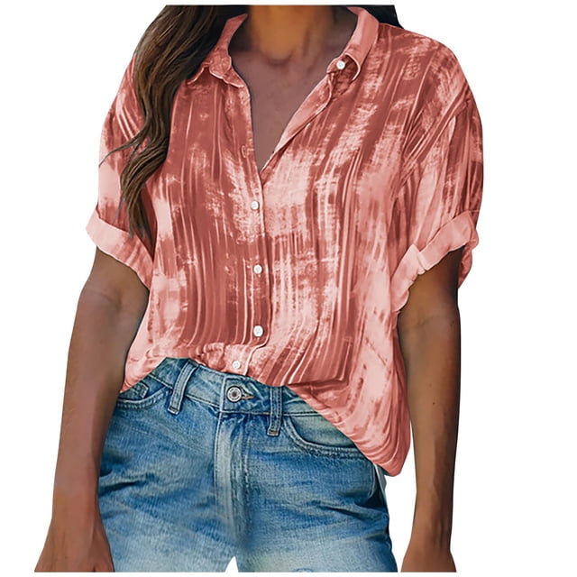 Womens Short Sleeve Blouses Womens Button Printed Short Sleeve Backswing Length V-Neck T- Blouses Women Short Sleeve Tops Women Short Sleeve Blouse Short Sleeve Tops for Women