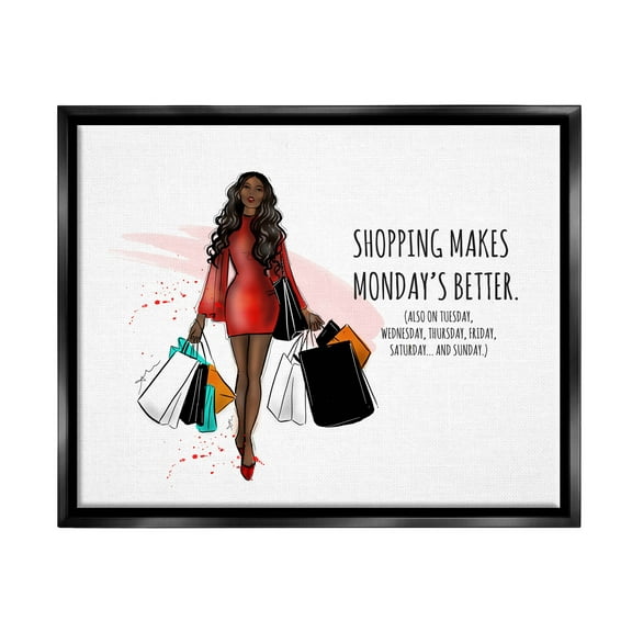 Stupell Industries Shopping Makes Mondays Better Graphic Art Jet Black Floating Framed Canvas Print Wall Art, Design by Alison Petrie