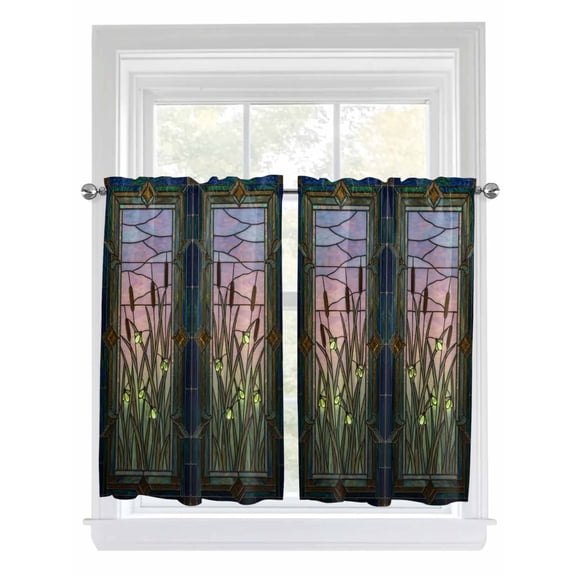Stained Glass 2 Panel Kitchen Curtains for Windows, Vintage Abstract Botanical Plant Bathroom Privacy Curtain, Home Décor Window Treatment for Bedroom/Living Room 55"x45"