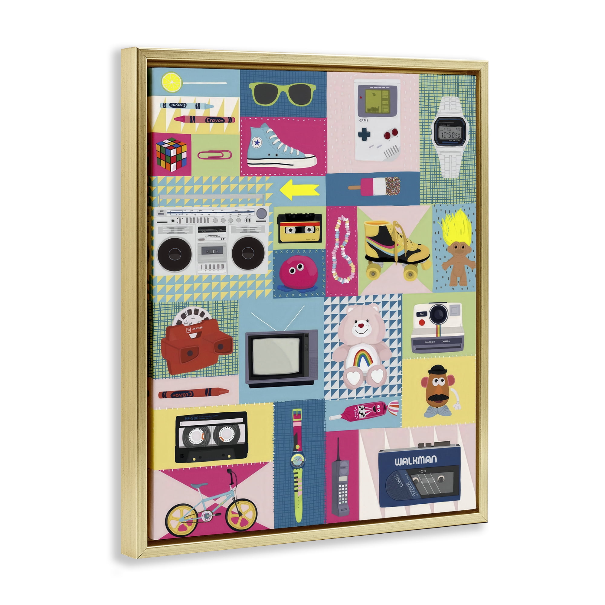Stupell Industries Retro 80's Patchwork Collection Gold Framed Floater Canvas Wall Art, design by Hanna Melin