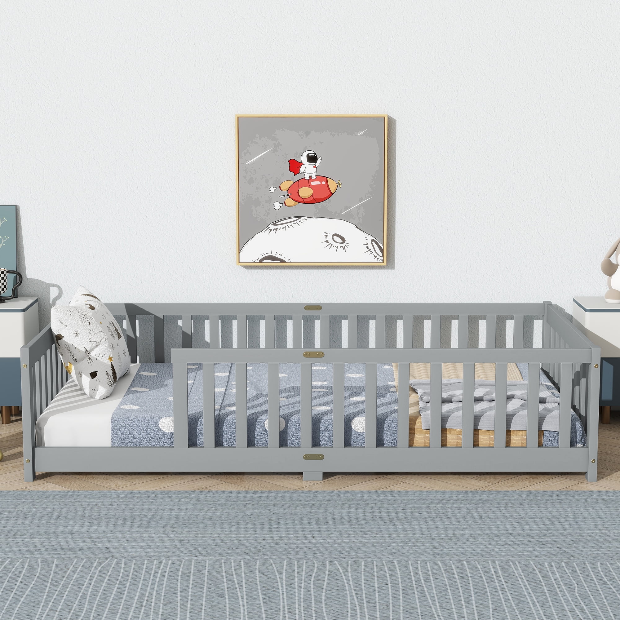 Twin Size Floor Bed with Fence without Door, Rubber Wood Floor Bed with Safety Guardrails,Grey
