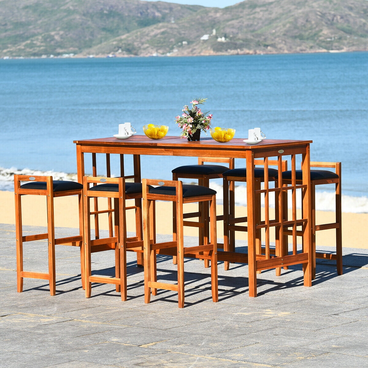 Gymax 7-Piece Patio Bar Set Outdoor Dining Table & 6 Bar Stool Acacia