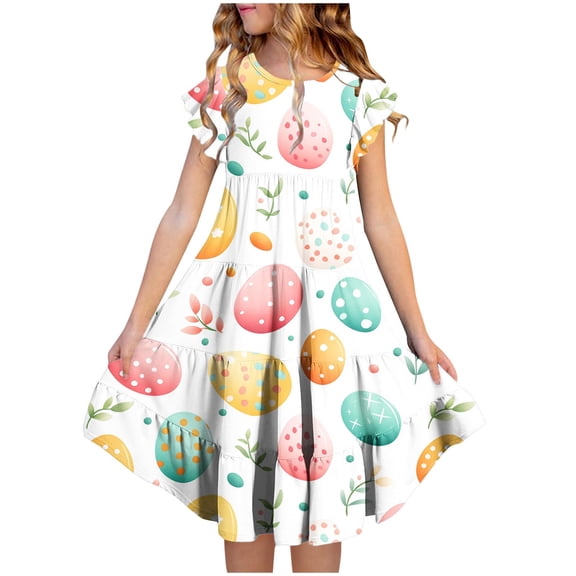 Avrntaa Cute Summer Dress for Girls Funny Rabbit Graphic Easter Dresses Ruffle Short Sleeve A-Line Sundress for 4-13Y